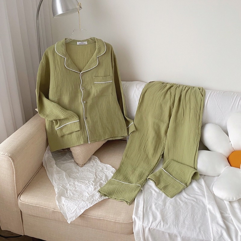[ Ảnh thật ] Sét bộ ngủ pyjama chất đũi xươc  trơn cổ vest