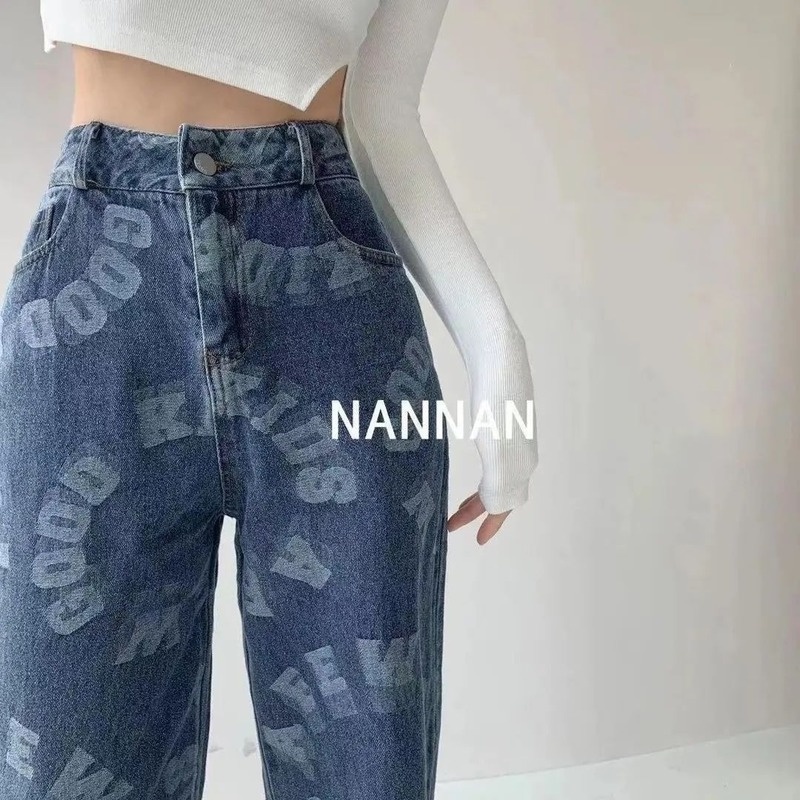 Quần jean nữ ống rộng in chữ phong cách Hip hop thời trang đường phố