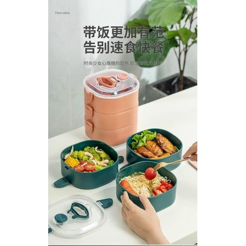 Hộp Cơm Trưa Văn Phòng 3 Tầng kèm thìa và sticker