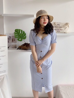 Đầm Caro Nút Gỗ Nhún Ngực