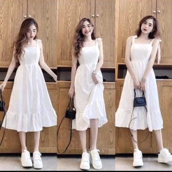 Váy Trắng Đuôi Cá Phối Nơ PEONYB Nữ [FREESHIP] 🌸 Đầm dự tiệc babydoll dáng xòe 3 tầng, 2 dây bánh bèo tiểu thư Ulzzang 🌸