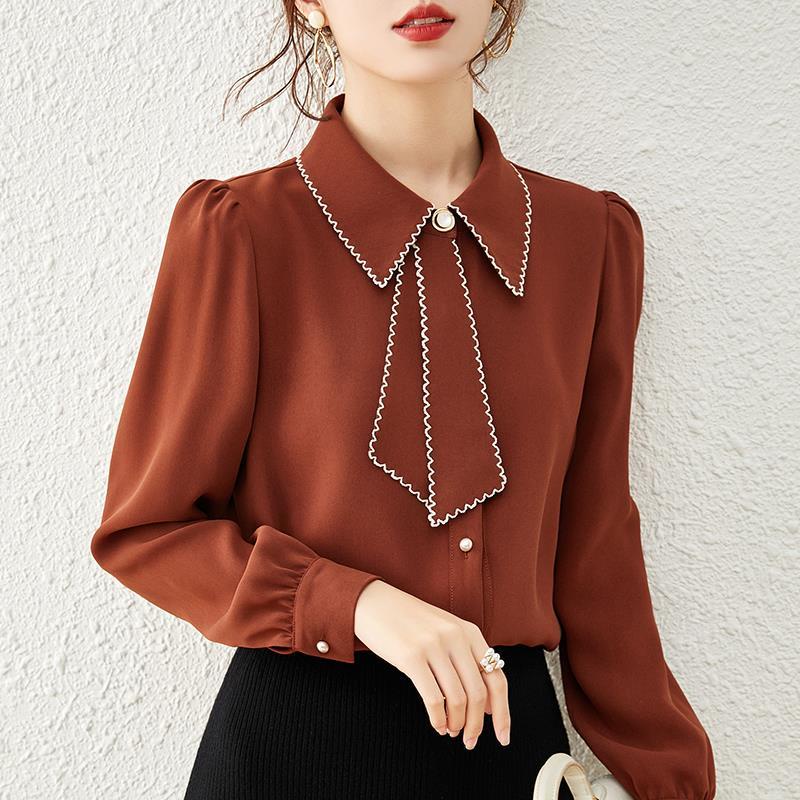 Autumn and Winter new design niche Western style shirt women's long sleeve elegant all-match chiffon shirt base shirt
