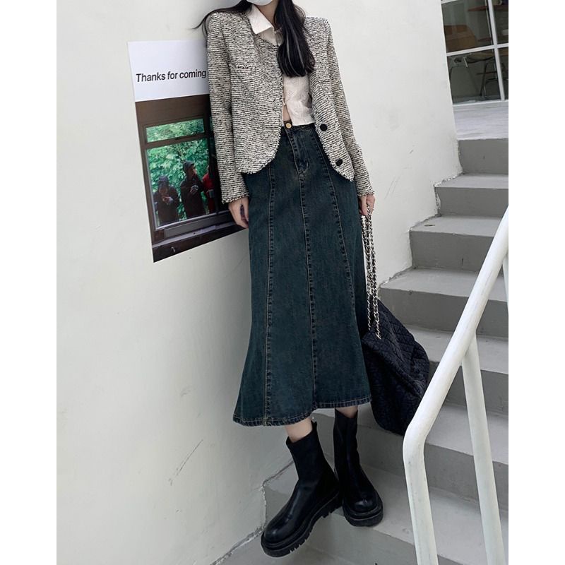 Chân váy bò đuôi cá thanh lịch đáng yêu cực độc, jeans dáng dài xếp ly