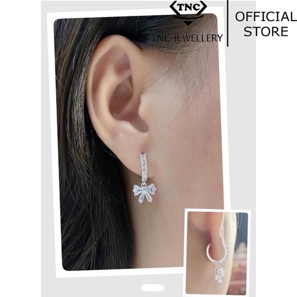 Khuyên Tai Bạc Khoen Tròn Móc Máy Thả Hình Nơ- Trang Sức TNC JEWELLERY