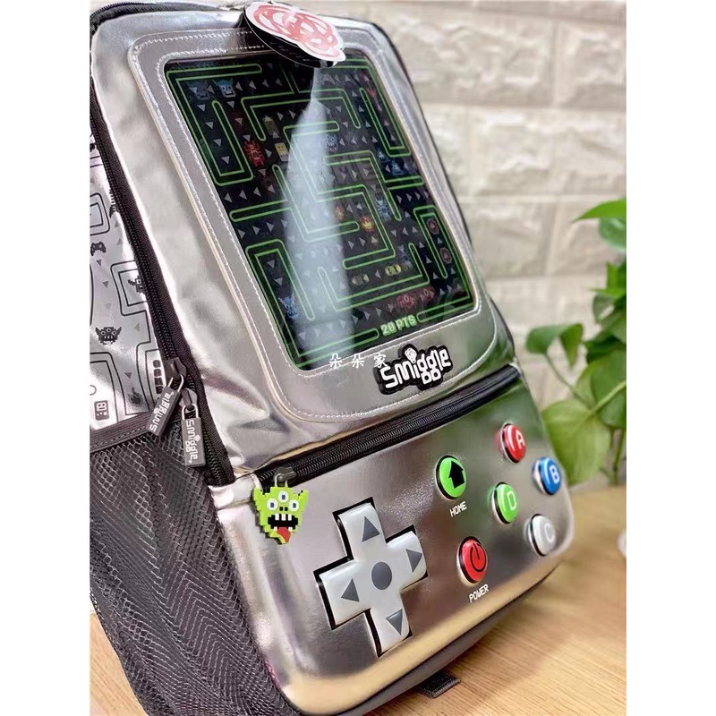 Smiggle Ba Lô Da PU Màu Bạc Hình Máy Chơi Game Cho Học Sinh