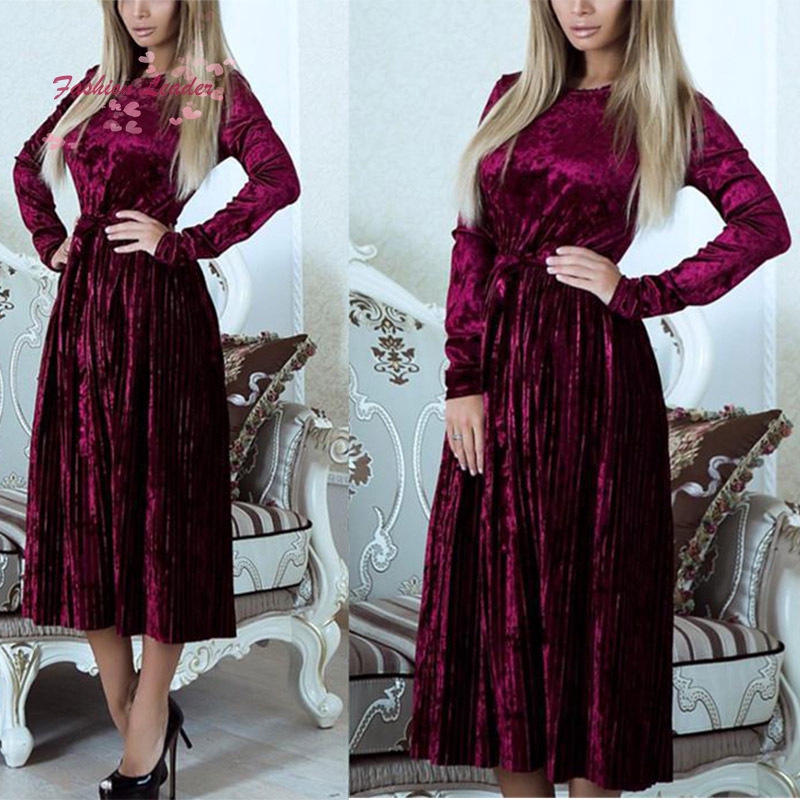 Đầm nhung cổ tròn tay dài phối dây cột thắt lưng thời trang cho nữ | BigBuy360 - bigbuy360.vn