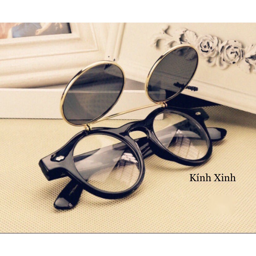 Kính râm 2 Tròng Mắt Tròn Nhỏ 2 Lớp Mở Nắp