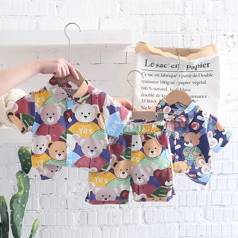 Bộ Áo Sơ Mi Tay Ngắn In Họa Tiết Động Vật Hoạt Hình + Quần Short Cotton Thời Trang Mùa Hè Dành Cho Bé 80-110cm