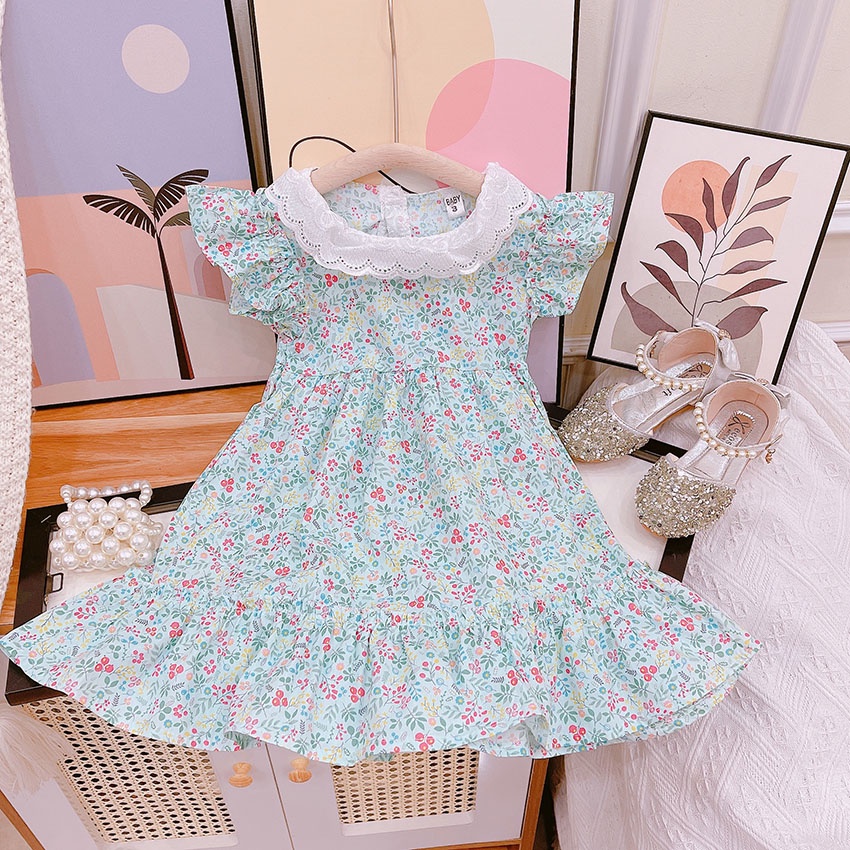 VÁY HOA CHO BÉ GÁI CỔ REN TIỂU THƯ, VÁY BỒNG BỀNH BÈO DƯỚI SIZE 9-19KG [V39]