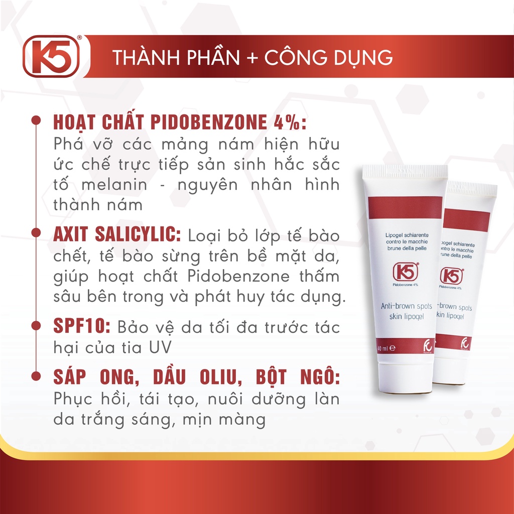 Kem chống tăng sắc tố K5 Lipogel 40ml - ngăn ngừa và làm mờ vết nám sau 4-6 tuần sử dụng, được bác sĩ tin chọn