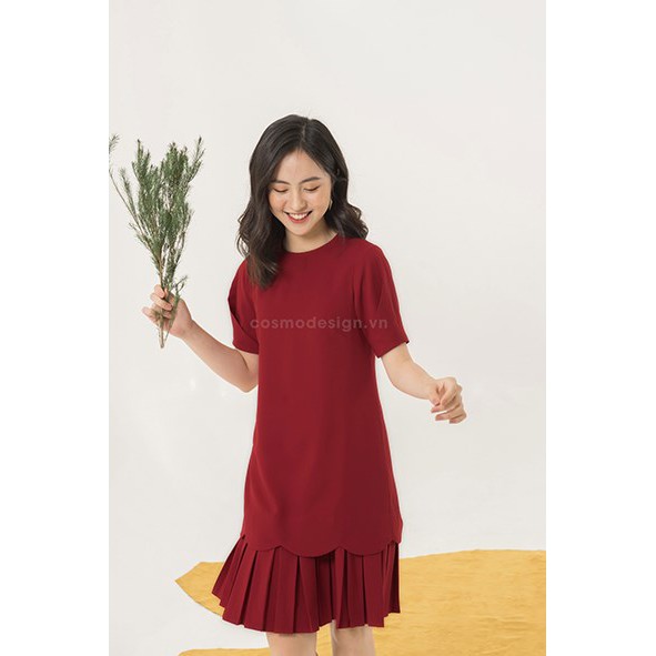 Đầm đỏ dáng suông COSMO Design gấu lượn xếp ly cách điệu 6902