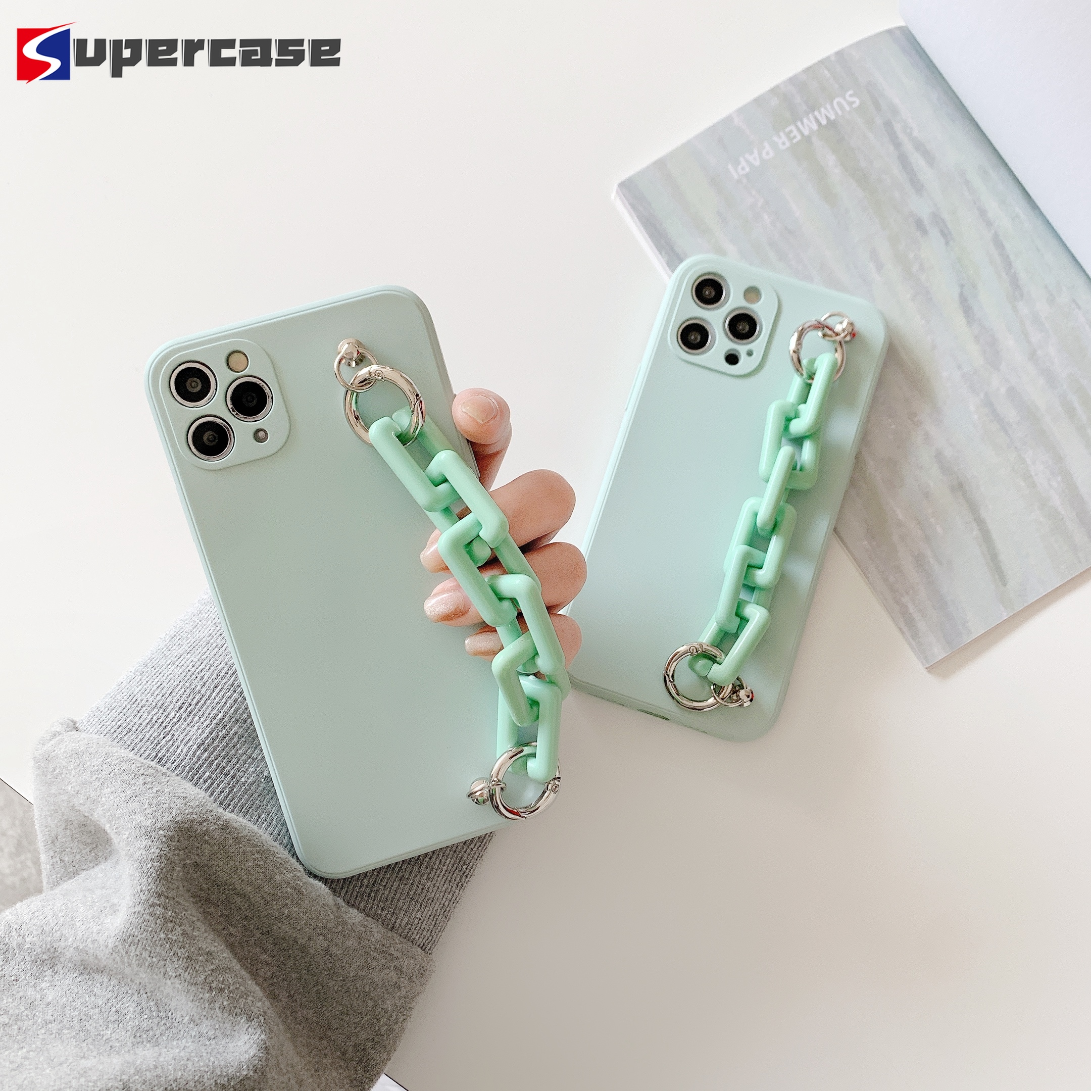 Ốp Lưng Điện Thoại Bằng Silicone Mềm Chống Rơi Có Dây Đeo Màu Xanh Lá Cho Iphone 12 Mini Pro Max 11 Pro Max Xs Max Xr X 8 7 Plus Se 2020