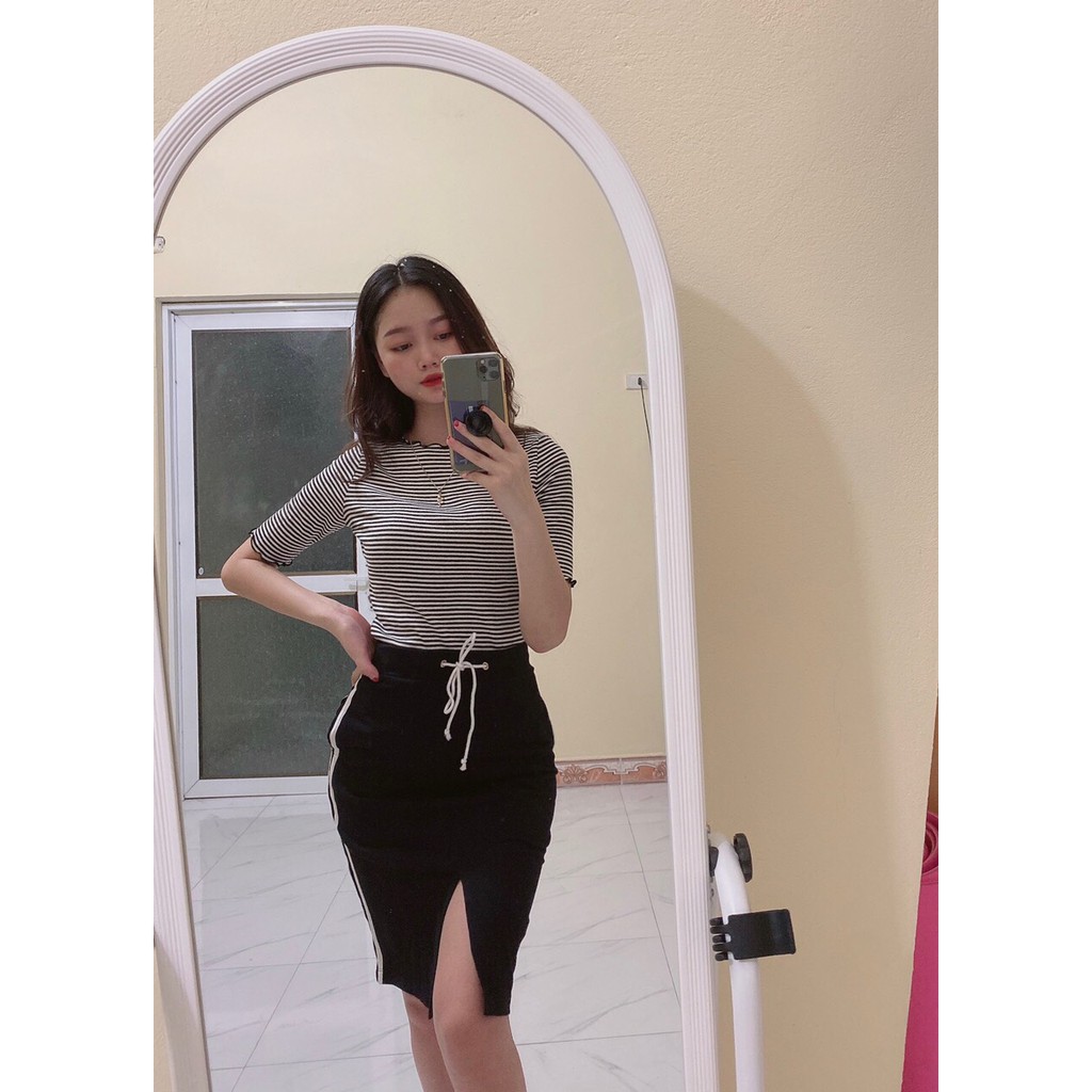CHÂN VÁY NỮ ❤️FREESHIP❤️ Chân váy cạp cao có sọc kẻ hai bên, chất thu co giãn mặc thoải mái, tôn dáng | BigBuy360 - bigbuy360.vn