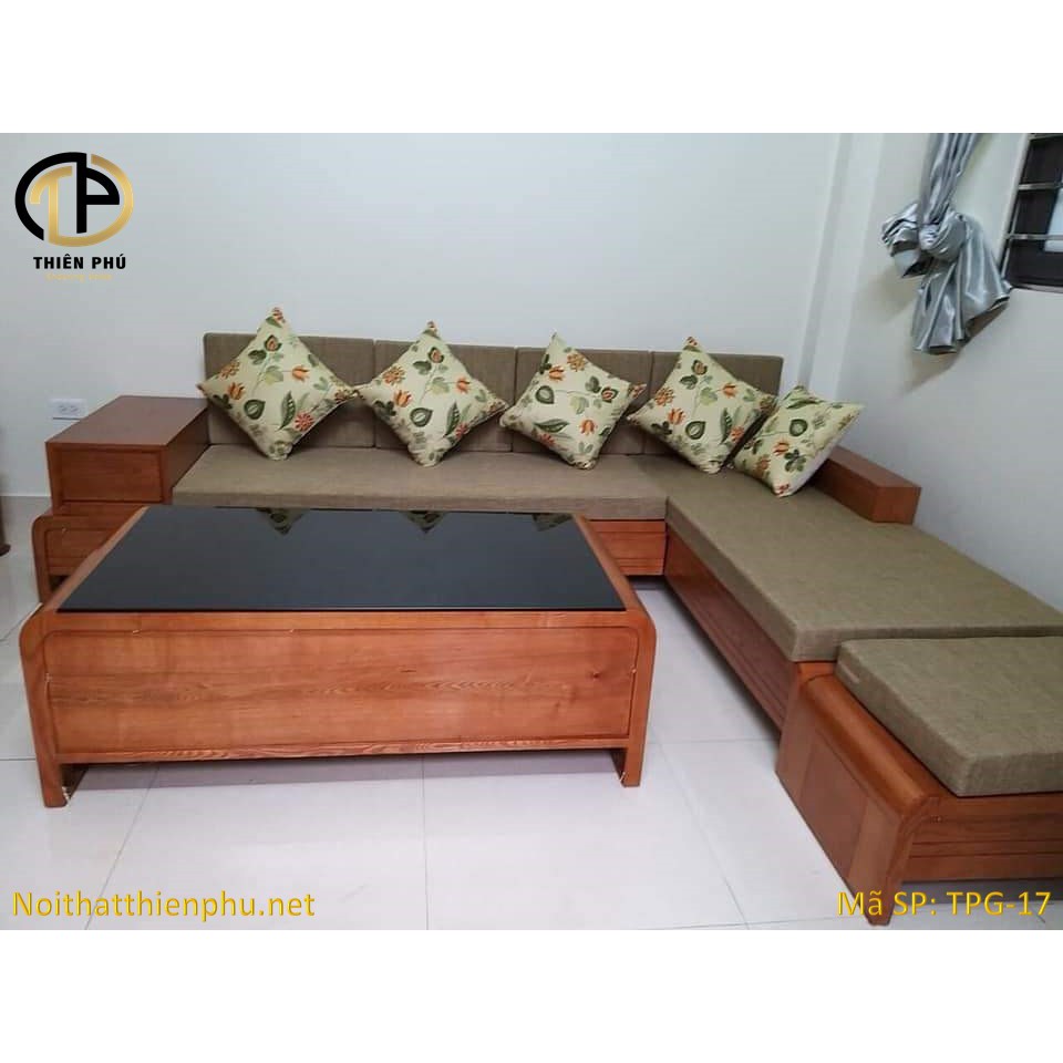 Sofa gỗ sồi chữ L chân cuốn TPG - 17