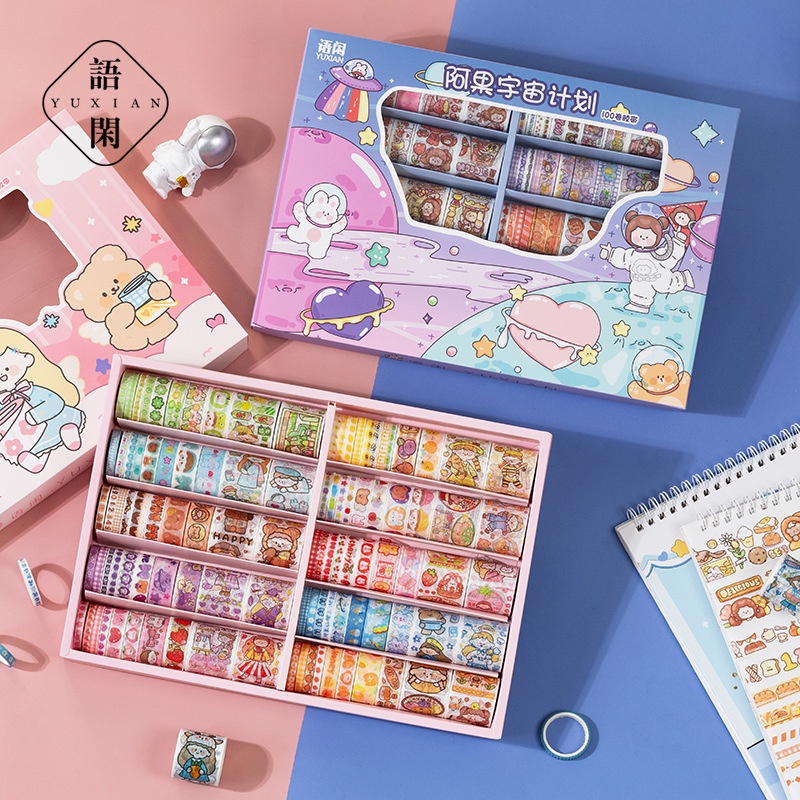 Hộp 100 cuộn washi tape dễ thương (có tách lẻ 20 cuộn)