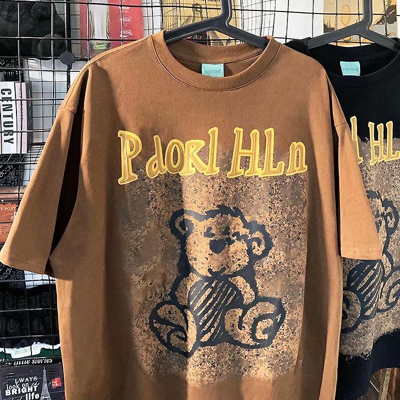 Áo Thun Cotton Tay Ngắn Cổ Tròn In Họa Tiết Gấu Hoạt Hình Graffiti Phong Cách Hàn Quốc Thời Trang Dành Cho Nam