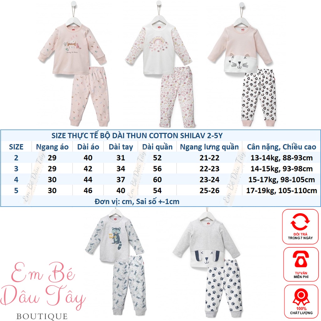 Bộ ngủ bé trai bé gái mẫu giáo thun cotton 2-5 tuổi (13-20kg) Shilav xuất dư xịn. Bộ dài mặc nhà, đồ ngủ chất mềm mại