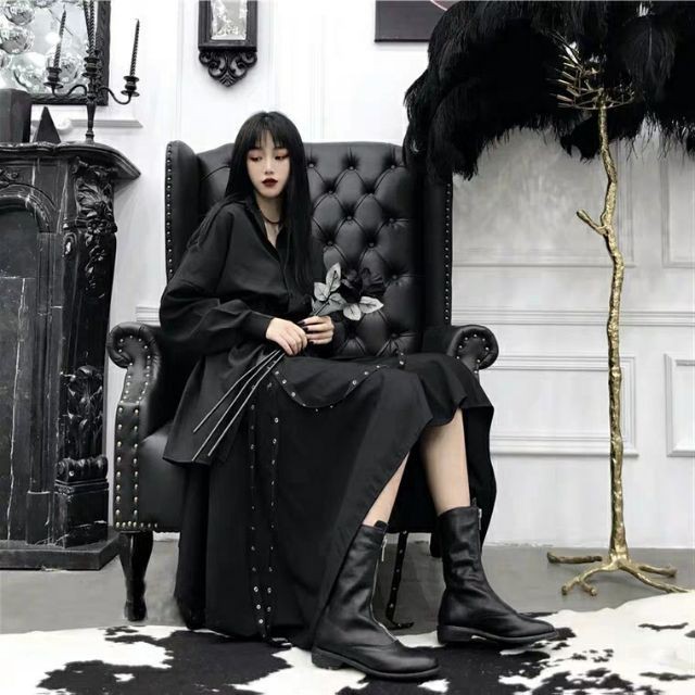 😎 Set đồ đen siêu cá tính - Áo váy sơ mi kèm thắt lưng 3 tầng - Chân váy so le phối khoen chick punk hầm hố