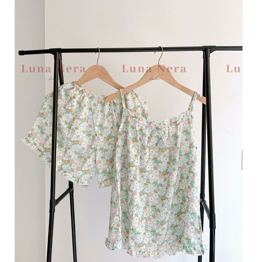 [TẶNG GƯƠNG CẦM TAY] Set đồ ngủ 2 dây hoa nhí viền bèo áo nhún ngực | Ảnh thật 100% ♡ | BigBuy360 - bigbuy360.vn