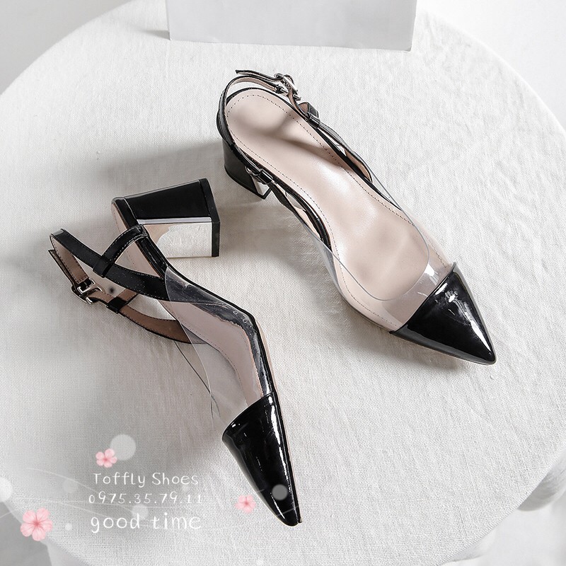 Giày cao gót Slingback phối mica gót ánh bạc