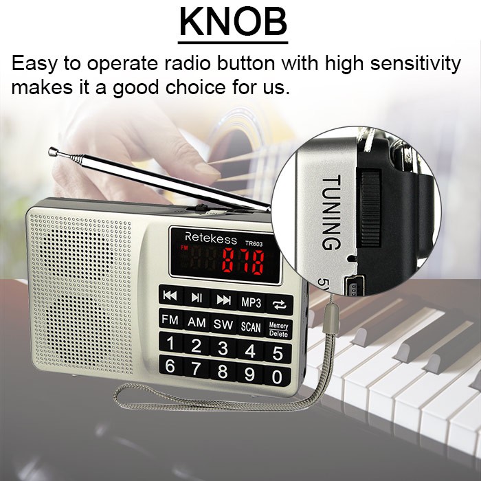 Máy Nghe Nhạc MP3 Thu Sóng Radio RETEKESS TR603 AM FM Kỹ Thuật Số Hỗ Trợ Thẻ TF Sạc Pin Li-Ion