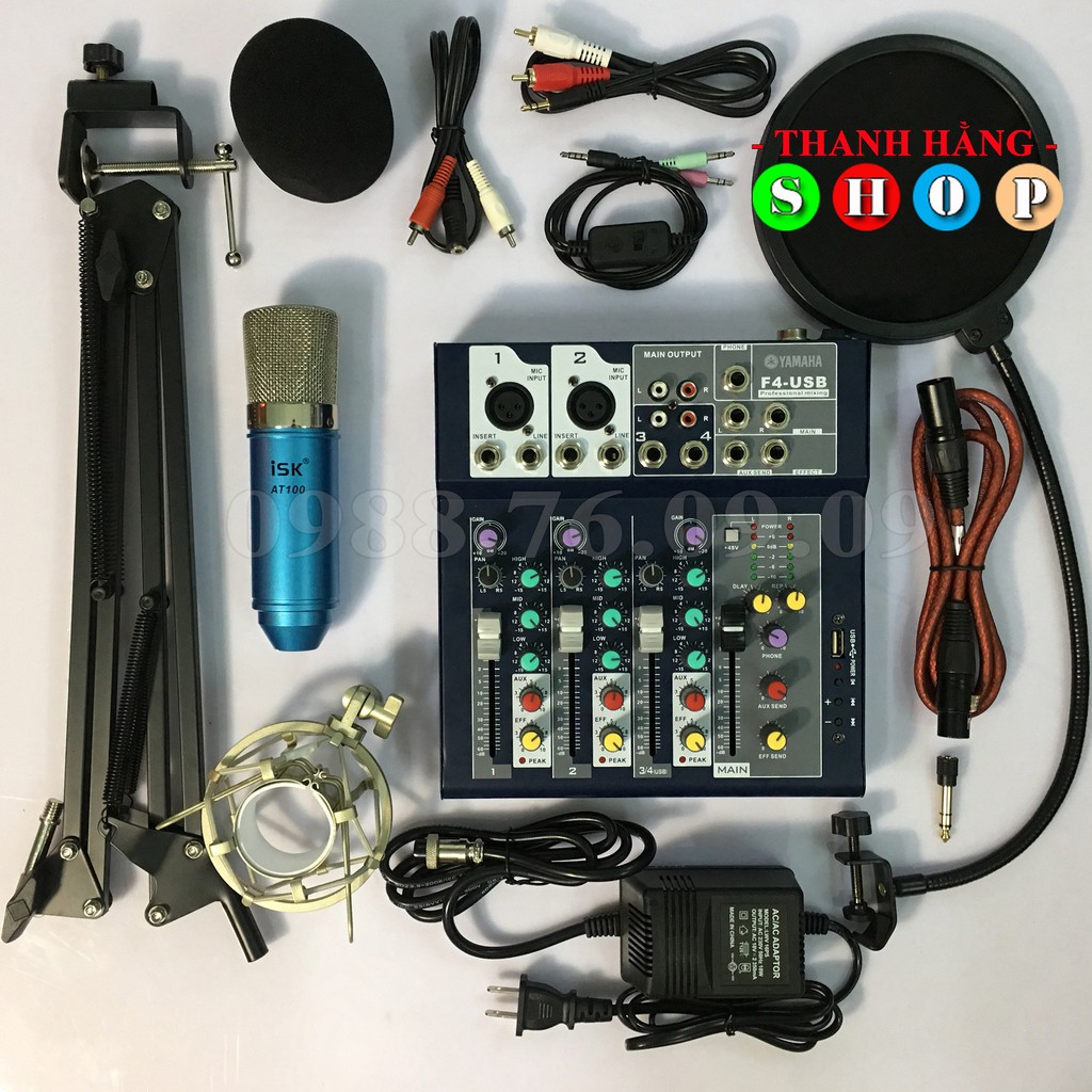 Trọn bộ Mixer F4 Yamaha + Micro AT-100 (Hoa Vinh) hát liver stream, hát karaoke gia đình gồm: