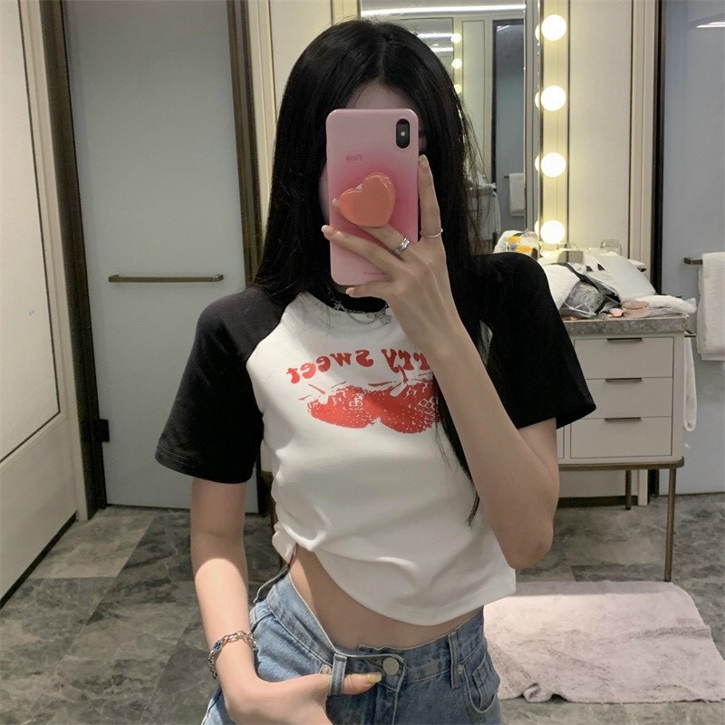 Áo thun croptop tay phối màu in hoạ tiết độc đáo gb alohashop91