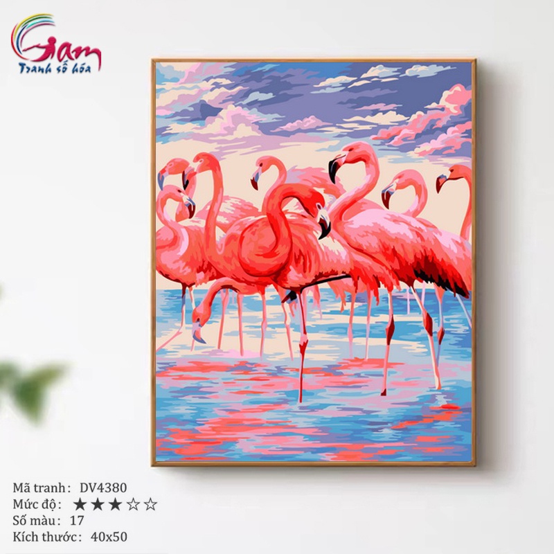 Tranh tô màu theo số Gam hồng hạc flamingo có sẵn đã căng khung 40x50cm DV4380