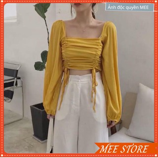 Áo bẹt vai - áo croptop tay dài phồng,áo trễ vai rút dây trước bánh bèo tiểu thư Siêu Xinh