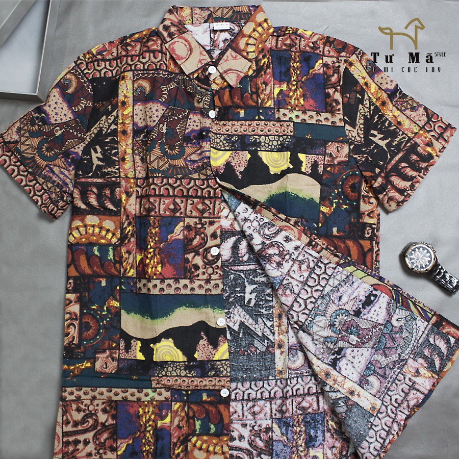 Áo sơ mi họa tiết nam 💝 FREESHIP 💝 ai cập BOHO, sơ mi ngắn tay thổ cẩm độc lạ, vải thoáng mát | BigBuy360 - bigbuy360.vn