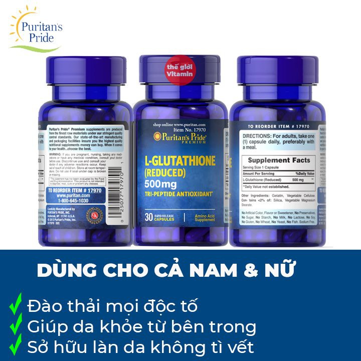 Viên Hỗ Trợ Làm Trắng Da, Giảm Nám, Thải Độc L- Glutathione (Reduced) 500mg Puritan's Pride - 30viên