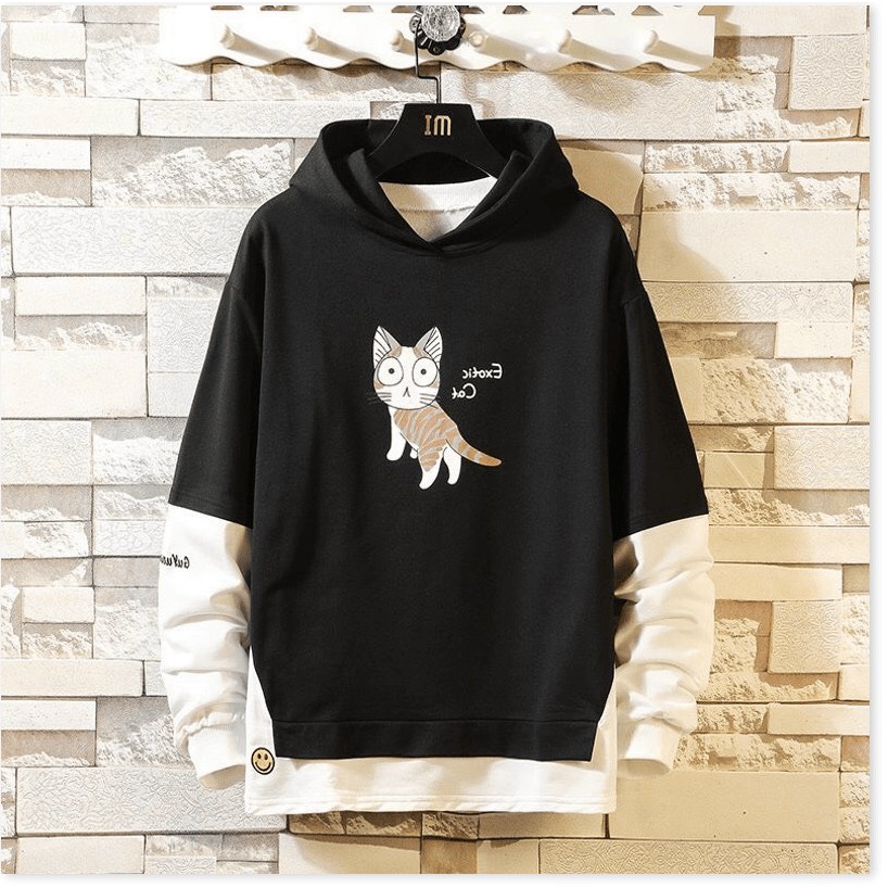ÁO HOODIE NAM NỮ PHỐI TAY HAI MÀU HỌA TIẾT MÈO NGÁO NGƠ
