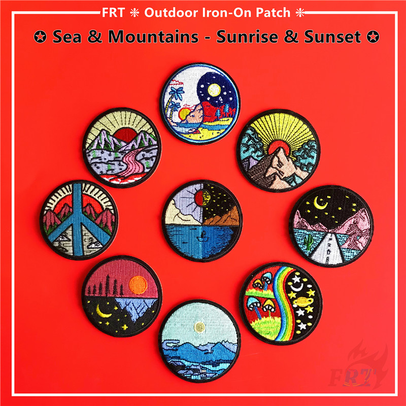 Miếng vá ủi thêu trang trí thủ công hình ảnh biển và núi ngoài trời bình minh và hoàng hôn 6CM