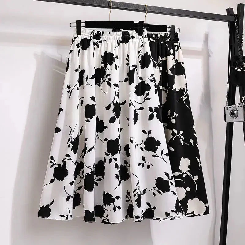 Chân Váy Chữ a Lưng Cao Họa Tiết Hoa Trắng Đen Thời Trang Mùa Hè 2022
