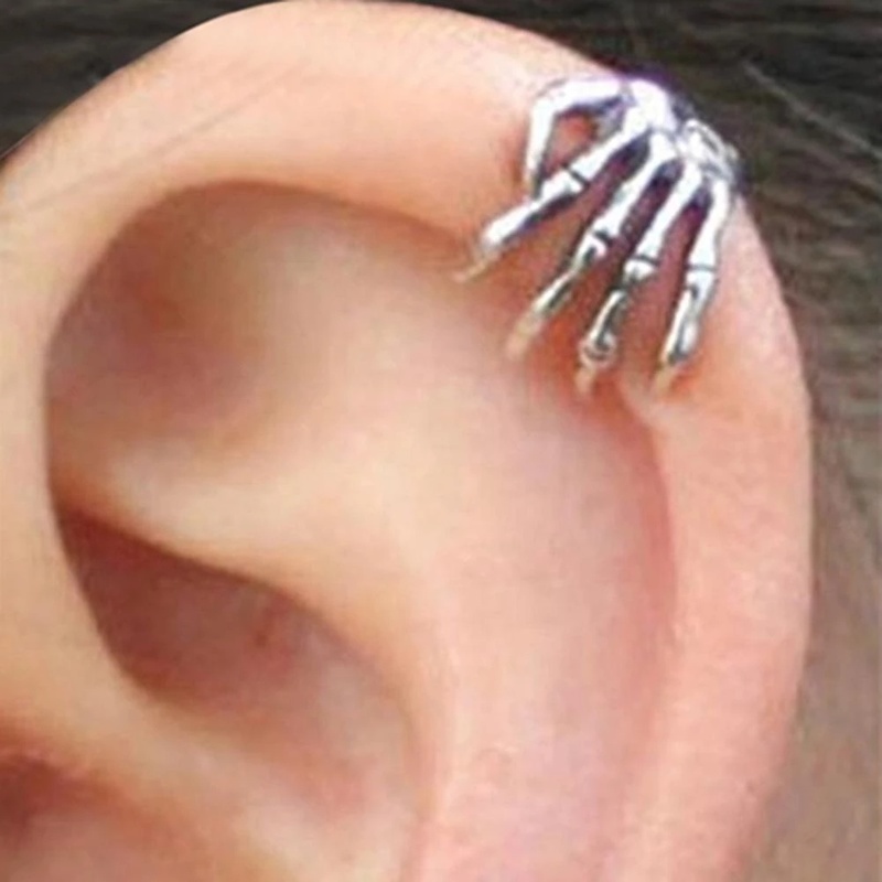 Khuyên kẹp vành tai hình bàn tay xương đơn giản phong cách punk Hàn Quốc cho nữ