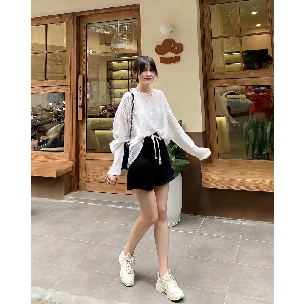 Áo Thun Nữ Cổ Tròn Dáng Suông Vải Xốp Gân Dài Tay 3 Màu Siêu Basic