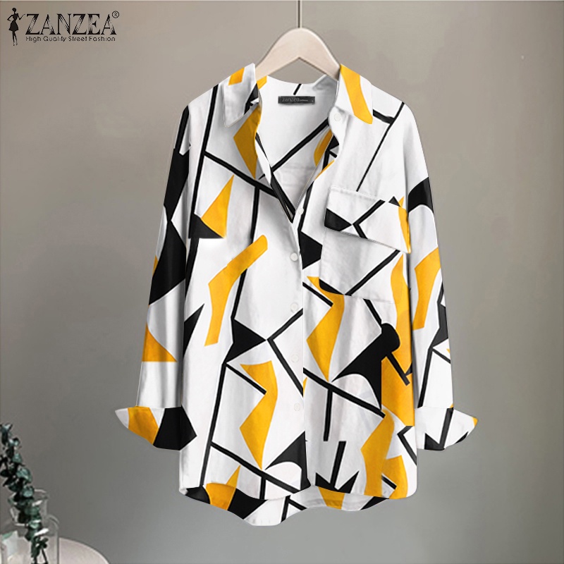 Áo sơ mi Zanzea tay dài có túi họa tiết hình học dành cho nữ