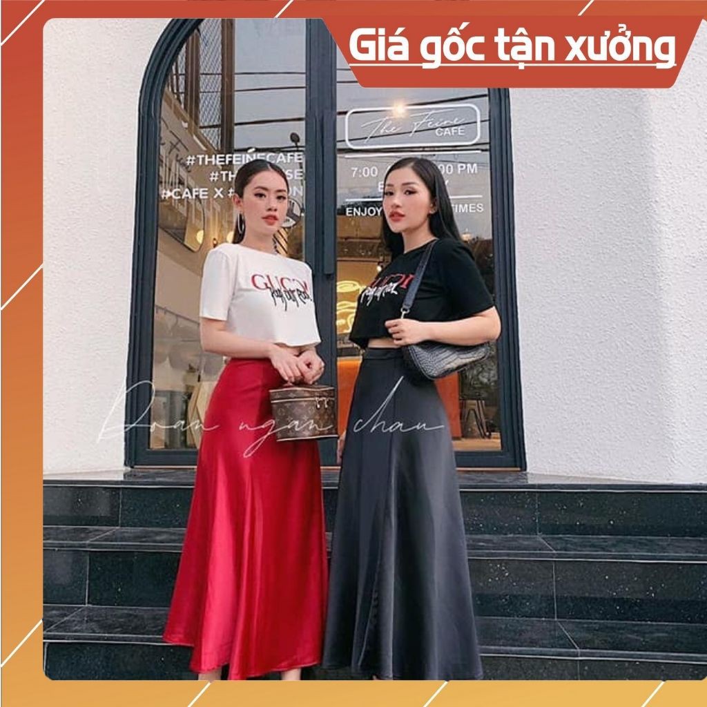 Set áo croptop phối chân váy xòe chất lụa bóng cao cấp