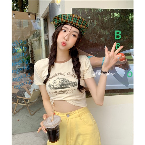 Áo Thun Nữ Ngắn Tay Cổ Tròn Ôm Dáng Phong Cách Hàn Quốc