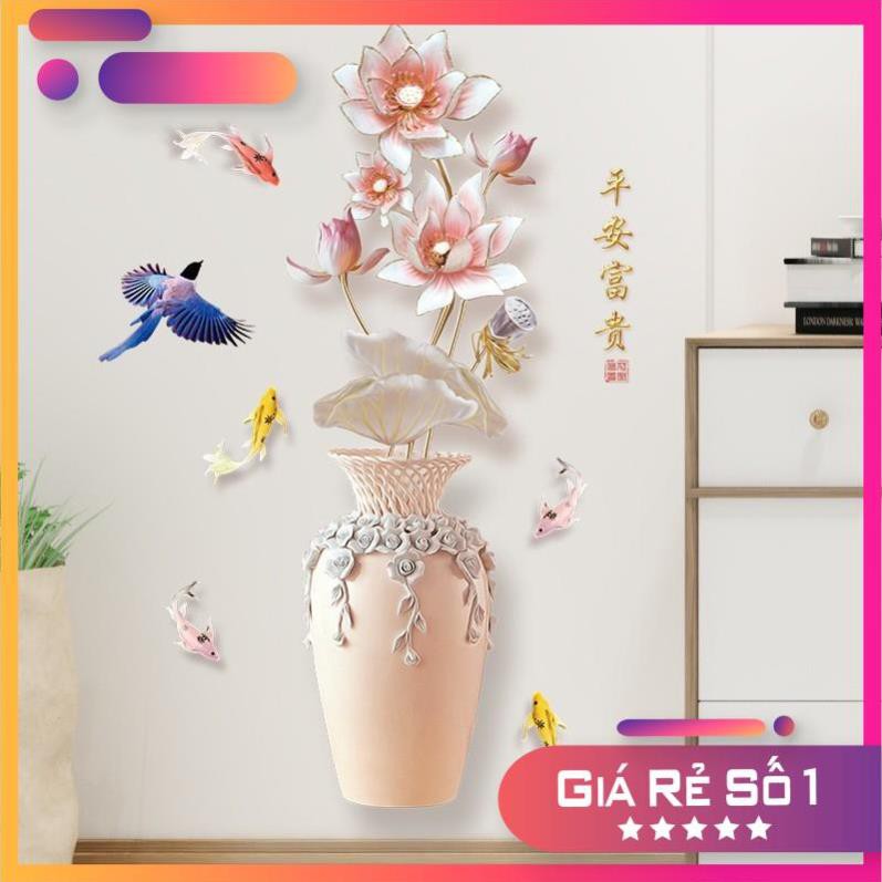 [GIÁ SẬP SÀN] Tranh dán tường bình gốm hoa sen, Decal bình gốm, Tranh 3D trang trí phòng khách