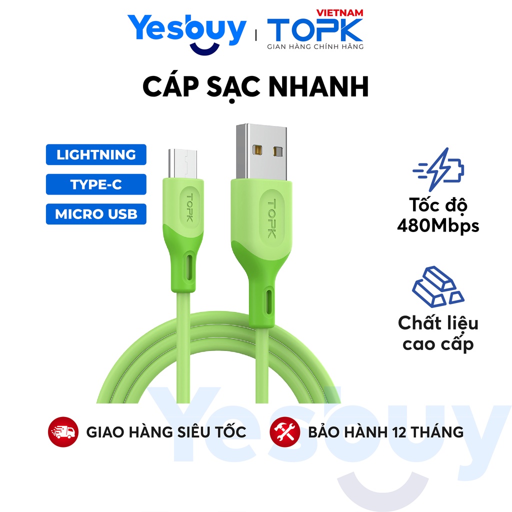 Dây cáp sạc dùng cho điện thoại TOPK AN84 Vỏ chống đứt gãy dài 1m - Hàng chính hãng - Bảo hành 12 tháng