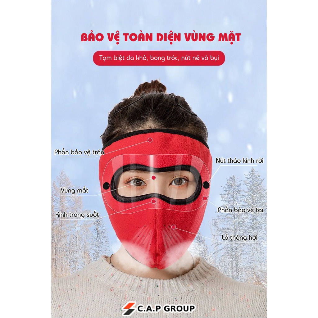 Khẩu trang Ninja lót nỉ bảo vệ mắt - Khẩu trang có kính che trán kín mặt dán gáy che kín tai chạy xe phượt nam nữ