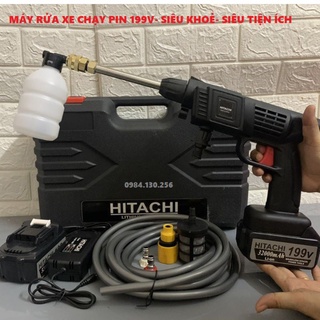 Máy rửa xe dùng pin mini, Máy xịt rửa tăng áp Hitachi 199V áp lực cao 1400W [Tặng 2 pin+ bình tạo bọt]