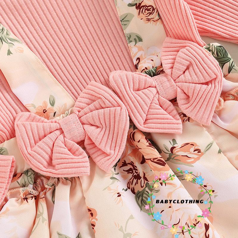 Set 2 Món Áo Thun Tay Dài & Váy Yếm In Hoa & Băng Đô Quấn Đầu Cho Bé Gái