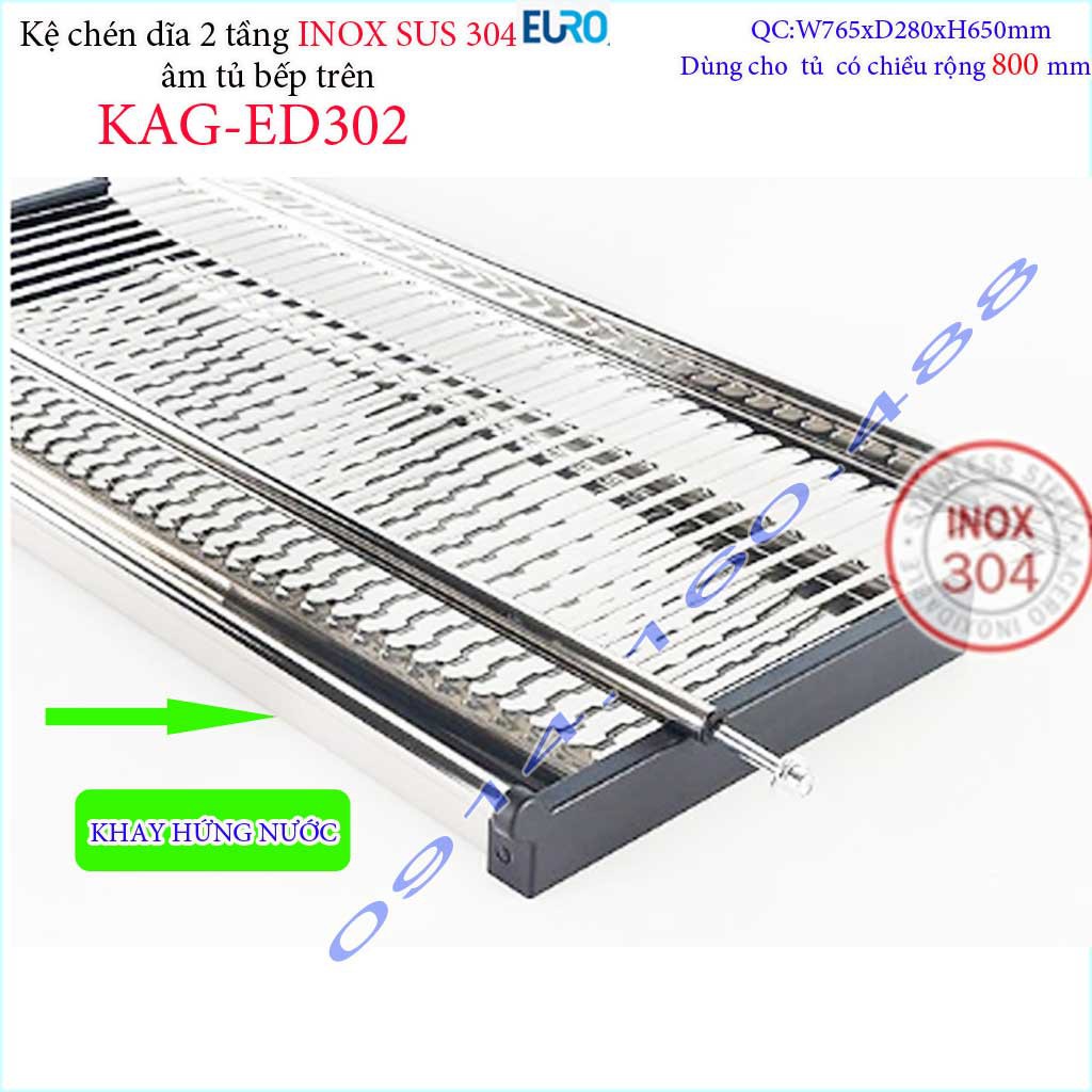 Kệ  đựng chén dĩa âm tủ  Inox 304 KAG-ED302-80cm, Kệ chén bát 2 tầng chữ V EURO