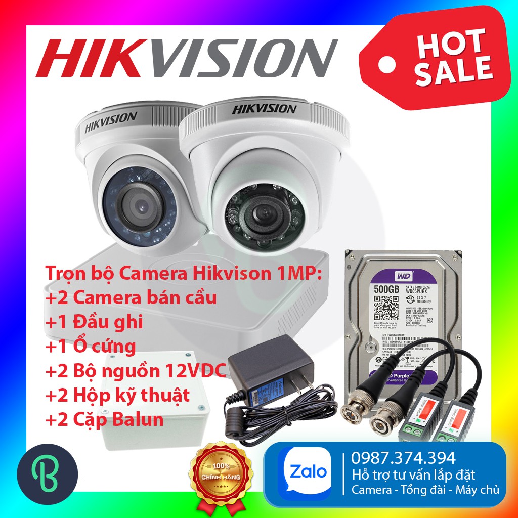 Trọn bộ 2 Camera Hikvison HD 2MP , 1 Đầu ghi, 1 Ổ cứng 500GB, 2 hộp kỹ thuật, 2 nguồn camera, 2 cặp balun