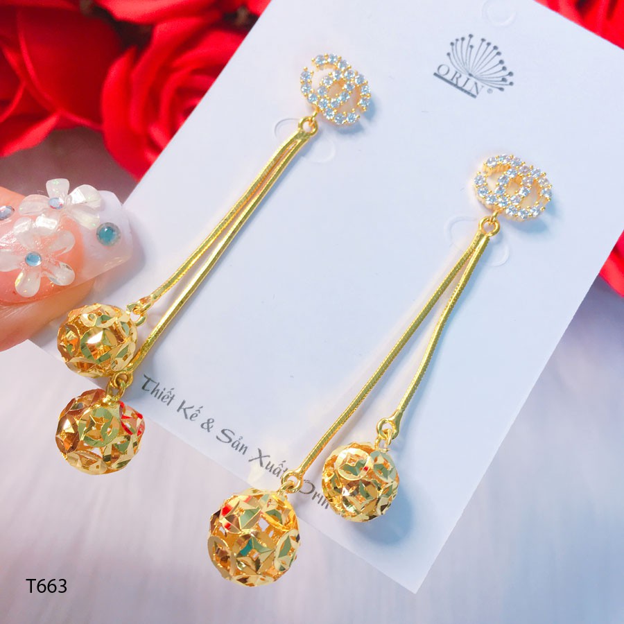 Bông tai nữ, khuyên tai dáng dài kim tiền đính đá cao cấp Orin T663