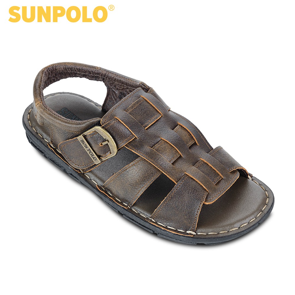 Sandal Nam Da Bò Cao Cấp SUNPOLO Nâu Đen - SUSDA1ND