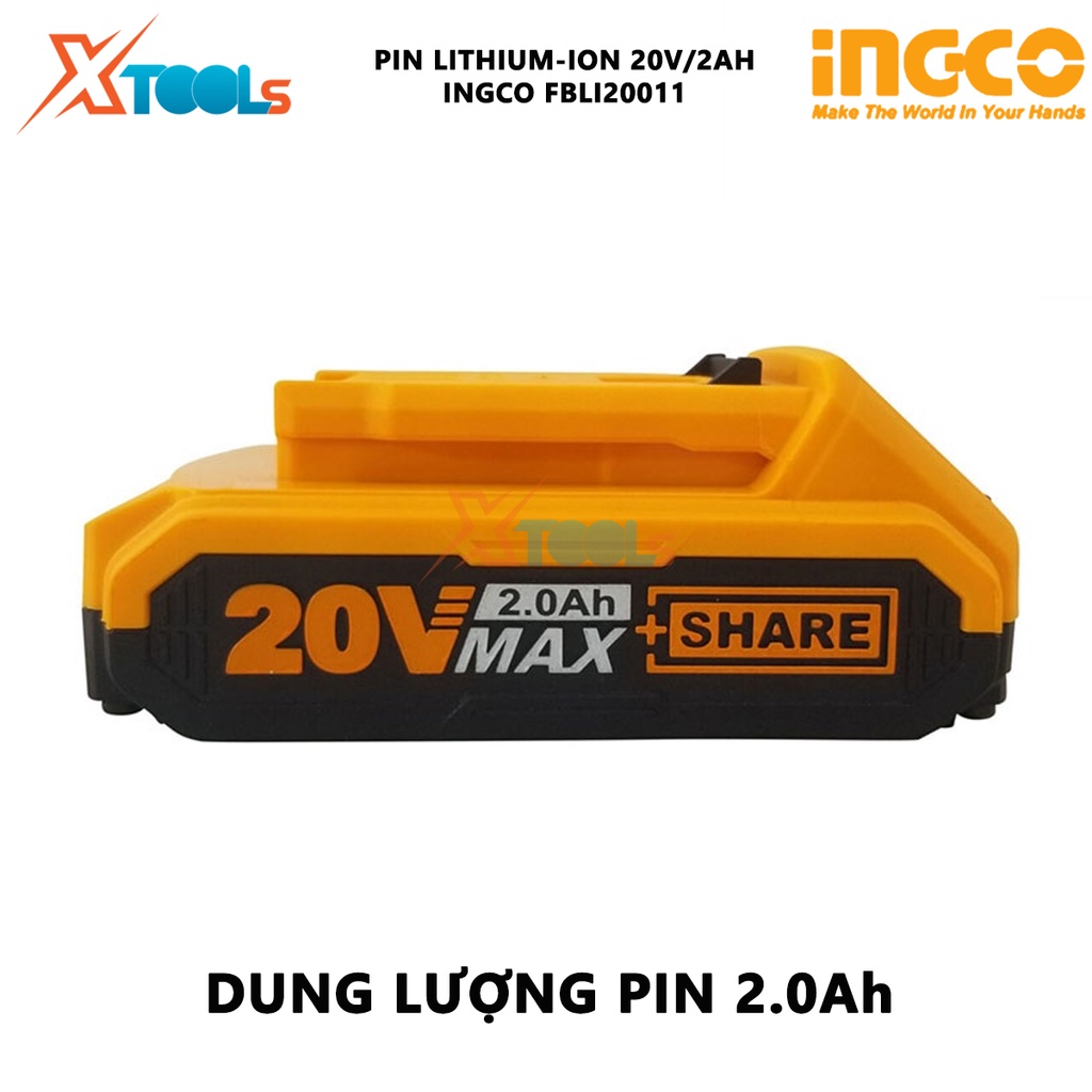 Pin Lithium-Ion INGCO FBLI20011 | pin sạc Lithium dung lượng pin 20V/ 2.0Ah phù hợp cho nhiều loại máy Ingco 20V dùng để