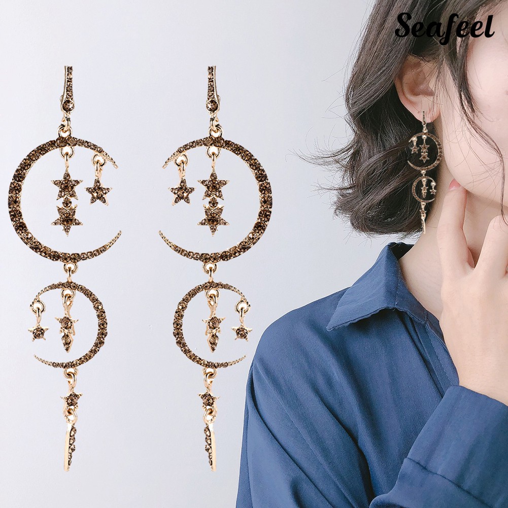 Hoa Tai Dáng Dài Hình Mặt Trăng Và Ngôi Sao Đính Đá Thời Trang